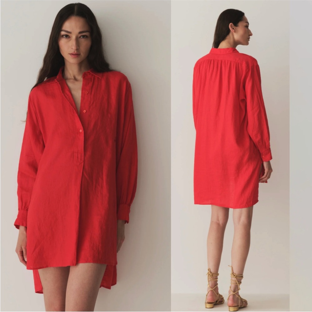NWOT Doen Jora Pure Linen Button Collar Tunic Top Shirt Dress Mini Scarlet Red